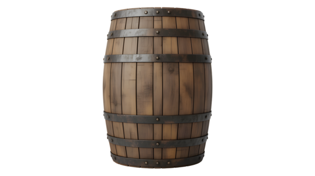 Vintage wooden barrel with metal bands, perfect for rustic decor and historical themes