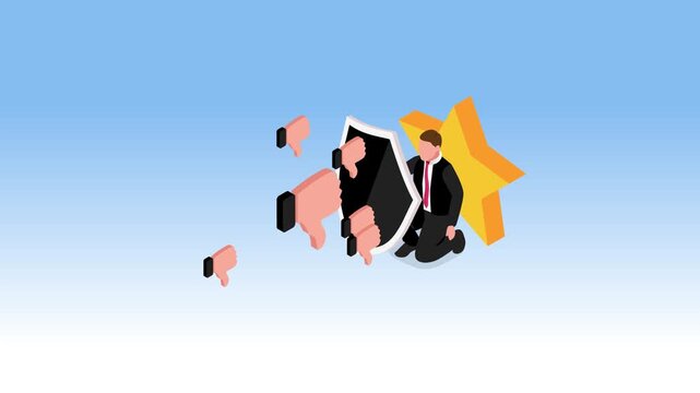 A businessman kneeling and protecting a star with a shield from a flood of thumbs down. Concept of reputation management and protecting brand image 3d animation cartoon