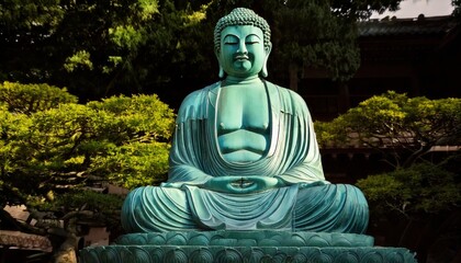 Serene Buddha Statue Surrounded by Green Trees in Tranquil Garden