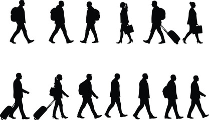 Silhouettes of business people walking with luggage and backpacks, traveling, commuting, professionals in motion, airport scene, transportation, modern work life