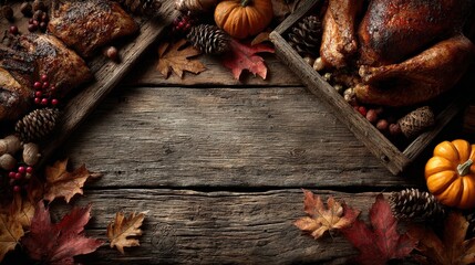 Autumnal Feast: A rustic display of roasted turkey and seasonal vegetables rests atop a weathered wooden table. Surrounding this visual feast.  Generative Ai