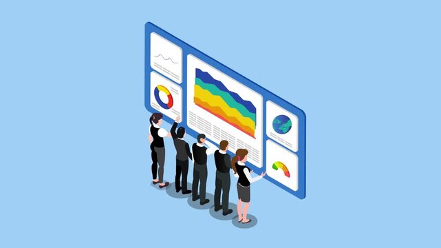 A group of business people analyzing a large digital dashboard with various charts and data visualizations. Concept of data analysis, business intelligence, and teamwork 3d animation cartoon