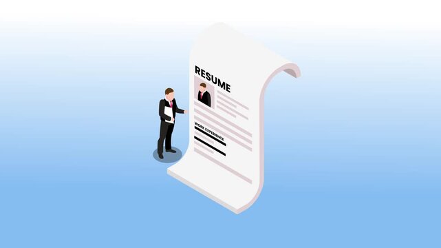 A businessman standing next to a giant, scrolling resume. Concept of job seeking, career path, and professional work experience 3d animation cartoon