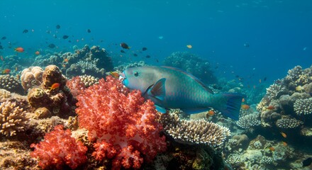 Fototapeta premium Colorful parrotfish and coral reef underwater