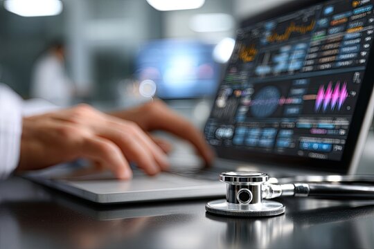 Doctor using laptop with medical data displayed - Powered by Adobe