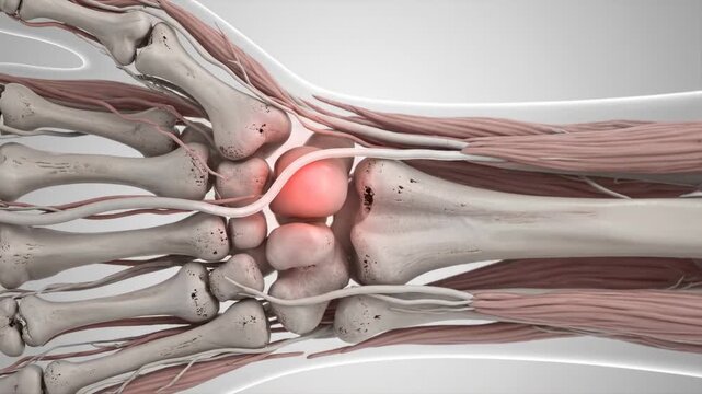 Wrist Pain Anatomy - 3D medical illustration showing the anatomy of a wrist with highlighted pain in the carpal bones area. The video shows bones, muscles, and tendons.
