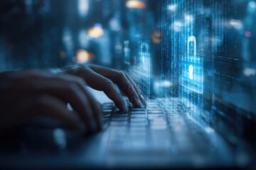 Hands typing on a laptop, digital security interface