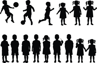 Silhouettes of children playing with ball, girls standing and holding hands, kids drinking juice, group of kids lined up, childhood fun, teamwork, outdoor play
