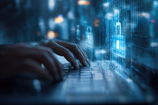 Hands typing on a laptop, digital security interface
