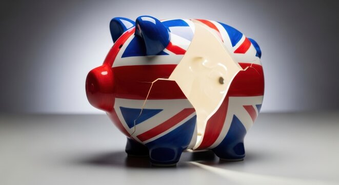 Broken union jack piggy bank symbolizing financial hardship and economic uncertainty in the united kingdom - Powered by Adobe