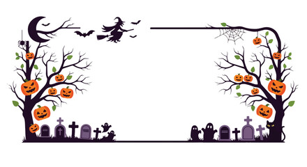Halloween Frame with Spooky Trees Pumpkins Witch Bats Ghosts and Graveyard Decor for Festive Invitations