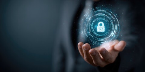 A hand holds a digital lock icon,  projected in a holographic, circular interface