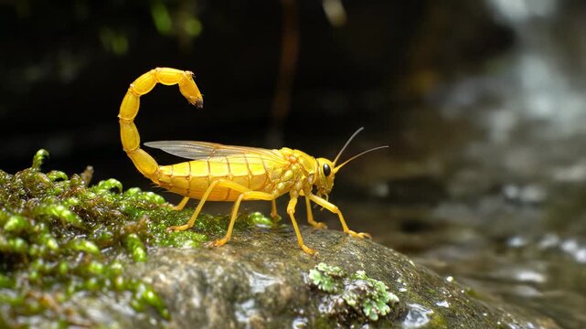 Yellow Scorpionfly on Rock near Water - A vibrant yellow scorpionfly perches on a moss-covered rock beside a stream.