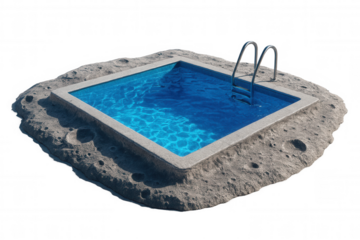 Swimming pool ladder rising from lunar landscape, transparent background, surreal moonscape design