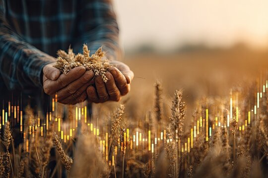 Farmer holds wheat, stock chart overlays field