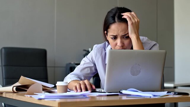 Overworked office employee with many coffee cups on desk, worried while working on laptop. Stressful corporate atmosphere.