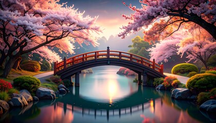Japanese bridge with cherry blossoms reflecting in the tranquil river water