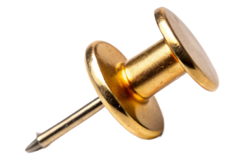 Golden pushpin isolated on black studio shot with sharp point and wide cap for office and craft use transparent background