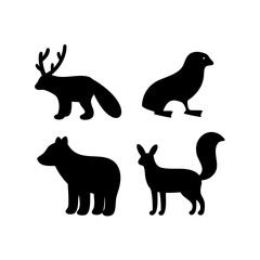Simple black silhouette illustration of four animals on a white background