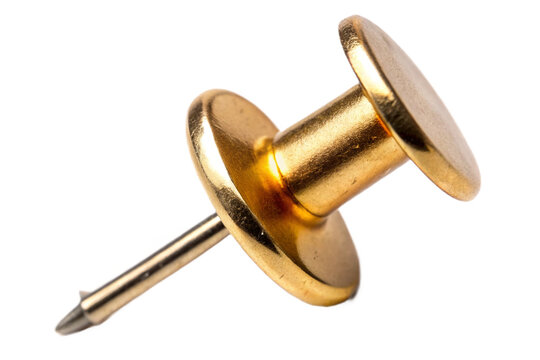 Golden pushpin isolated on black studio shot with sharp point and wide cap for office and craft use transparent background