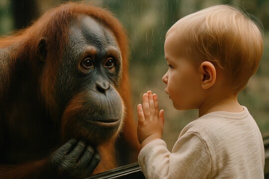 A baby and an orangutan touch hands through glass, sharing a moment of deep, silent connection. Generated AI.