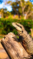 Obraz premium Lizard on a wooden post, blurred background