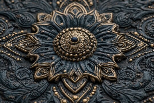 Detailed close-up of ornate, dark-blue/black, embossed floral design with gold accents