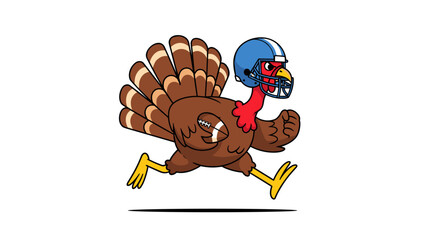 Funny cartoon turkey wearing football helmet running fast for thanksgiving football game