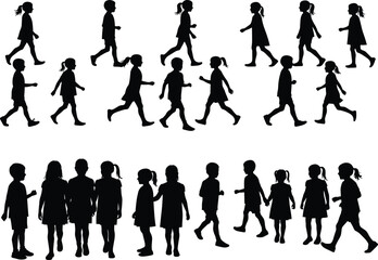 Silhouettes of children walking and standing, boys and girls holding hands, group of kids interacting, childhood joy, outdoor activity, friendship, playful kids together