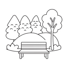 Idyllic Park Scene with Wooden Bench and Lush Greenery Outline seating trees