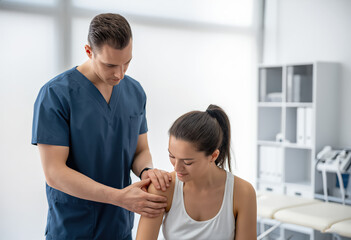 Obraz premium A healthcare professional provides essential support and assistance to a patient in a modern clinic setting