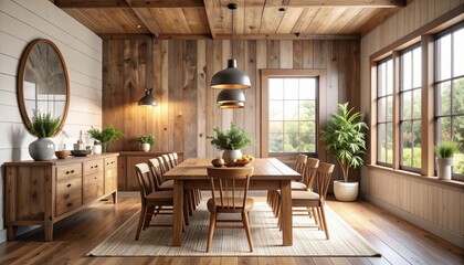 Fototapeta premium Inviting farmhouse dining room with wooden table, pendant lights, and natural elements