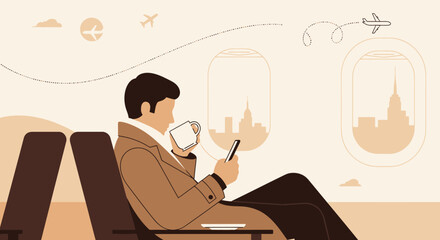 Stylish Passenger Relaxes On Flight, Enjoying Beverage And Cityscape Views