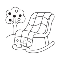 Line art illustration of a rocking chair with a plaid blanket and a small tree furniture home