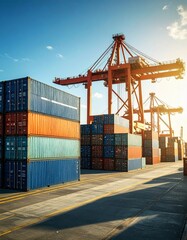 Shipping containers stacked at busy seaport terminal with cranes loading cargo