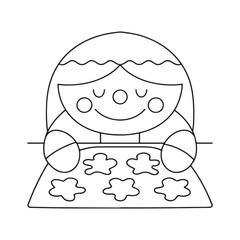 Simple Line Drawing of a Happy Child Making Cookies on a Baking Sheet line art