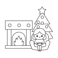 Cute Line Art of a Child Sitting by a Fireplace with a Christmas Tree drawing