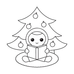 Cute cartoon child reading a book under a decorated Christmas tree on a white background vector illustration