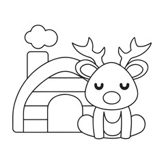 Simple Line Drawing of a Reindeer Sitting Next to an Igloo with Smoke line art winter