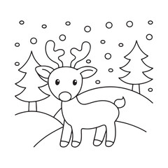 Line Drawing of a Reindeer in a Snowy Landscape with Christmas Trees line art winter