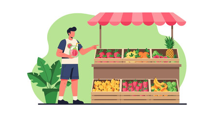 Summer Day Illustration Of Person Enjoying Fresh Fruit Juice Near Fruit Stand