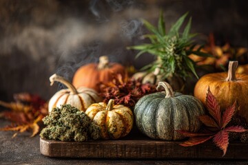 Cannabis Thanksgiving. Fall Harvest with Autumnal Squash, Leafy Cannabis and Pumpkin