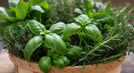 Close-up of Fresh Herbs, Basil, Rosemary, and Thyme in Woven Basket for Culinary Use