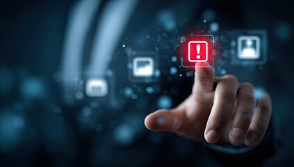 A hand touches a red exclamation point icon on a digital interface