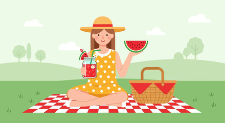 Fototapeta premium Summertime Fun: Smiling Woman Enjoying Refreshing Drinks and Delicious Watermelon