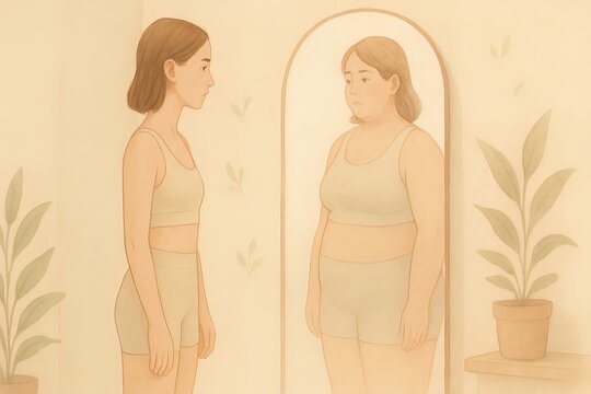 A slim young woman sees a distorted, heavier reflection of herself in a mirror, highlighting body image issues. Generated AI.