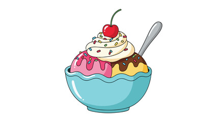 Delightful cartoon depiction of an ice cream sundae in a blue bowl with cherry topping, ideal for sweets themed illustrations