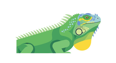 Obraz premium Geometric illustration of a vibrant green iguana with playful spots, perfect for educational materials and wildlife enthusiasts using flat design