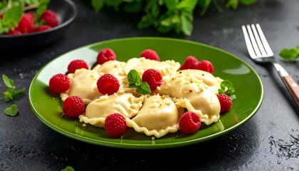 Fresh, golden dumplings topped with raspberries and mint on a green plate