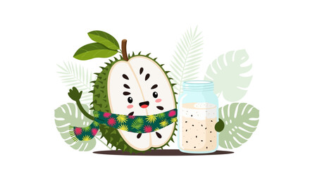 Fototapeta premium Sweet Annona Illustration With Drink In Jar, Tropical Fruit Illustration Design For Stock